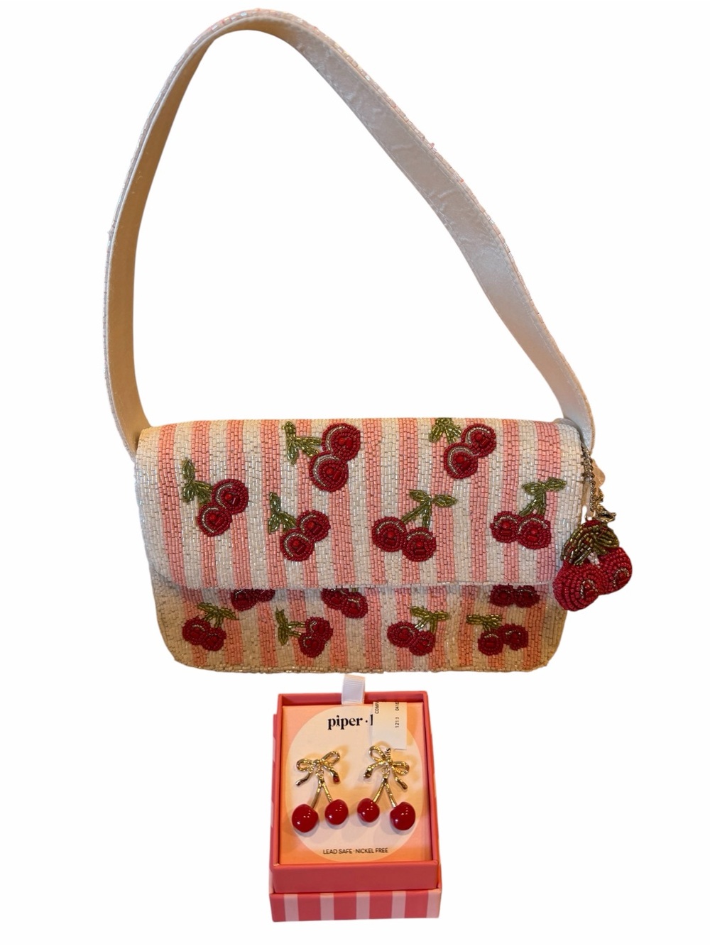 Beaded Cherry Shoulder Bag in Pink and Red with Piper K Cherry Earrings